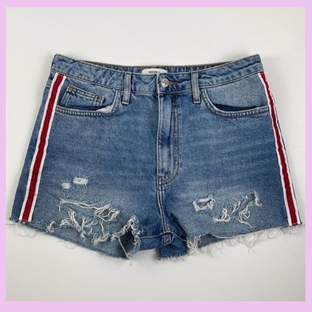 Forever 21 Jean Shorts waist 28 - cotton distressed hem red side stripes